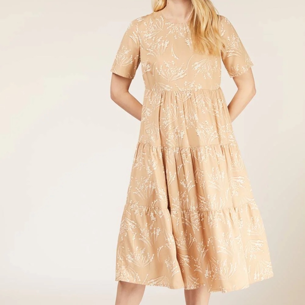 People Tree Kit Seed Print Dress Brown and White Boho Size 6 Lyocell Flowy